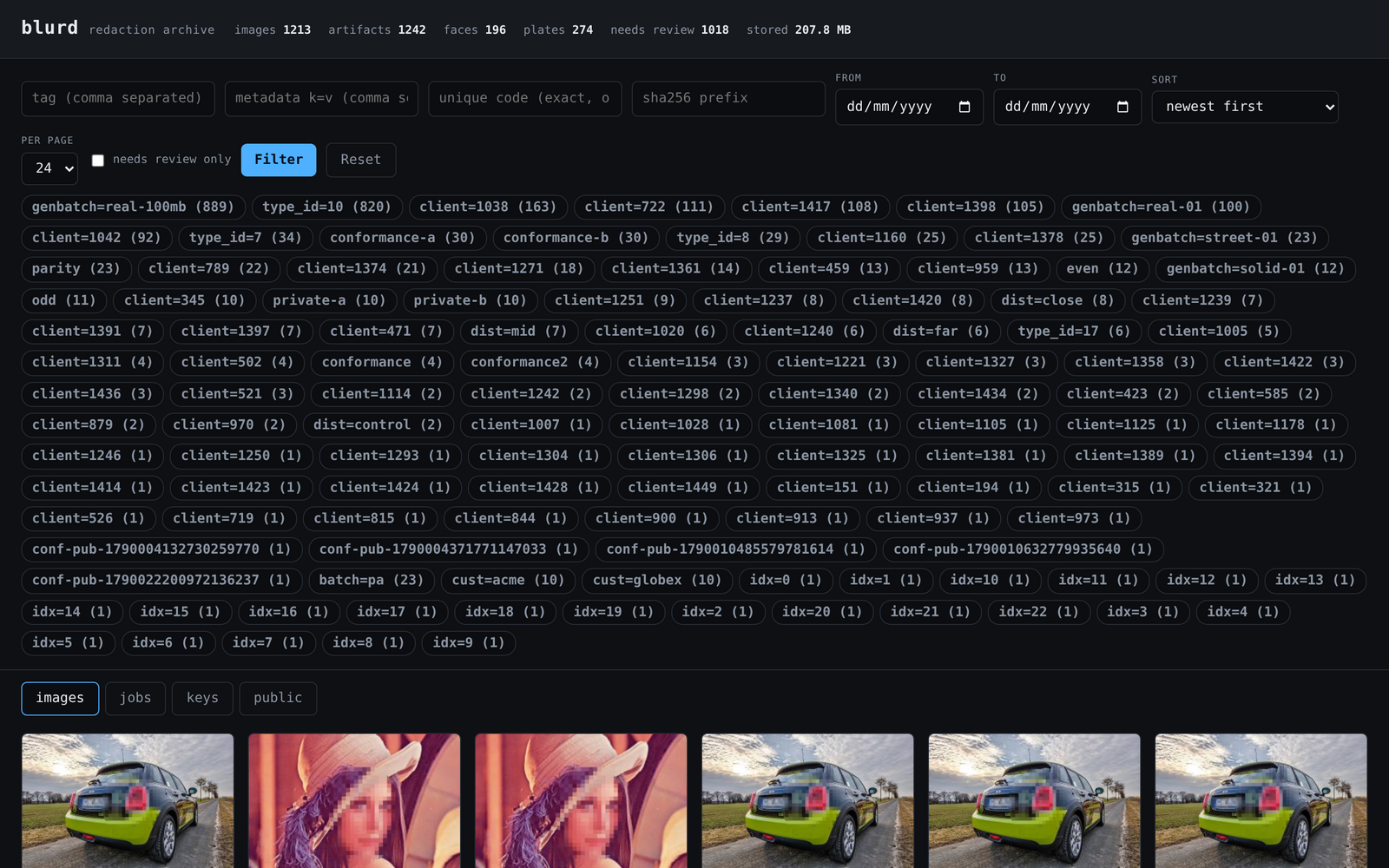 blurd dashboard — stats, filters, facet chips and redacted thumbnails